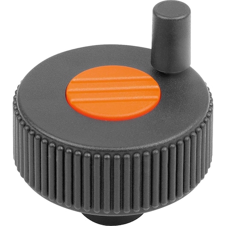 Knurled Knob W Handle Size:1, D1=40, Form:H, Plastic Black, Comp:Steel Cap:Orange Ral 2004, D=6H8,